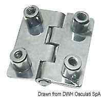 Cerniere in acciaio inox senza viti, provviste di boccolette femmina, filettate 4MA, saldate sotto le cerniera, nella stessa posizione dei fori passanti.