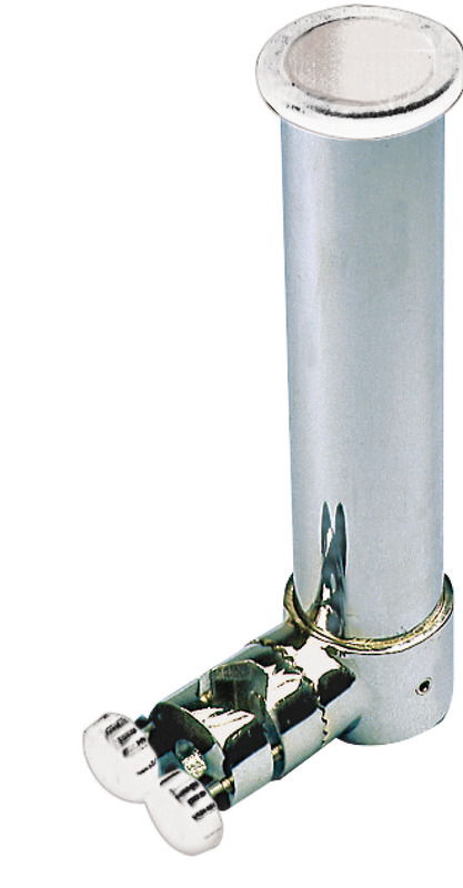 Orientabile in qualsiasi direzione. Si toglie e si mette in pochi secondi, universale. Completo di boccola in gomma e di spina ferma canna. Tutto in acciaio inox AISI 316, base e tubo.