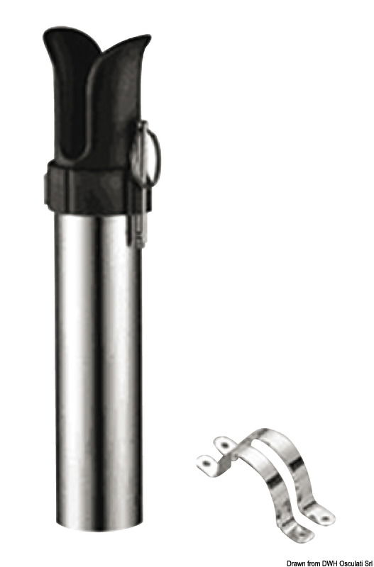 In acciaio inox lucidato ed imboccatura in tecnopolimero. Completo di fascette di fissaggio e spinotto estraibile per fissaggio canna.