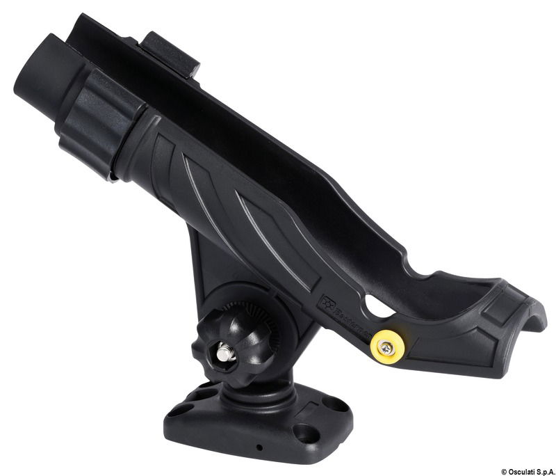 Rotazione orizzontale 360° e verticale 90° con sistema di innesto nella base a scatto.Blocco della canna con ghiera rotante.