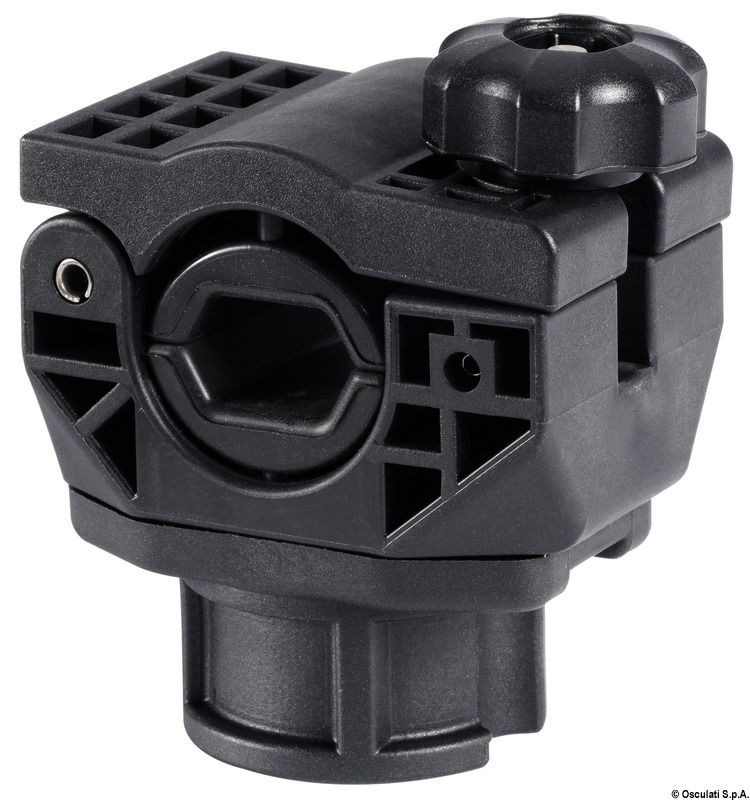 Rotazione orizzontale 360° e verticale 90° con sistema di innesto nella base a scatto.Blocco della canna con ghiera rotante.