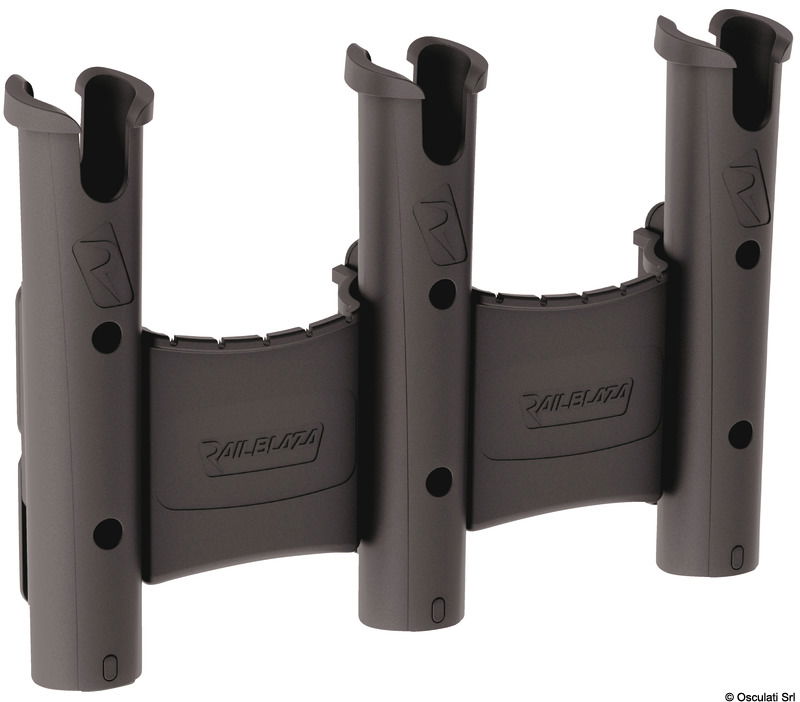 Portacanne singolo o modulare (si possono collegare i moduli tra loro senza fine).Adatto ad impugnature fino a 40 mm.Perno di fine corsa che impedisce la rotazione della canna (removibile).Nelle versione multiple (tra le due canne) vano per esche, attrezzi ed altro.