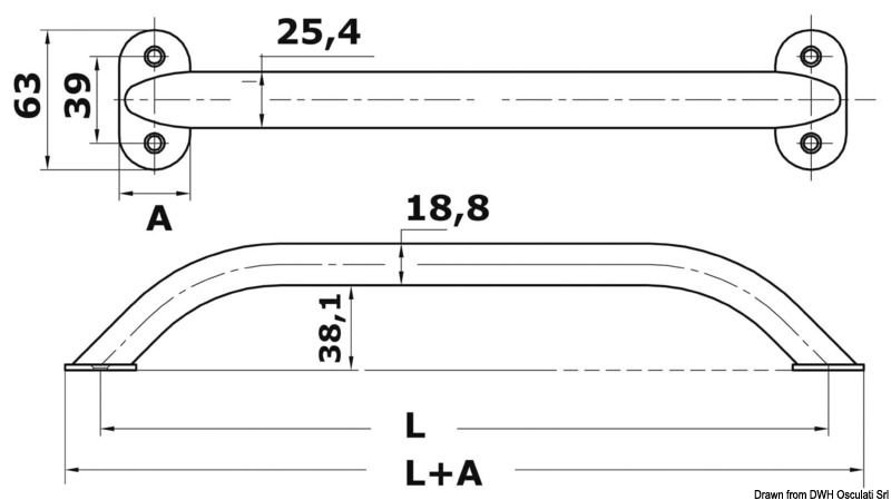 In acciaio inox lucidato a specchio, sezione19x25 mm, fissaggio esterno con viti.