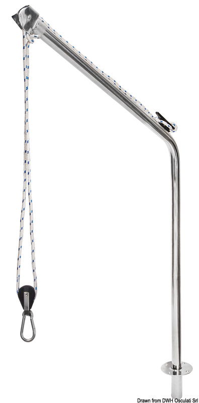 Adatta per sollevamento tender (in coppia)o per sollevamento motore fuoribordo. Completa di boccola in acciaio inox ad incasso, carrucola di rinvio e cima in nylon.