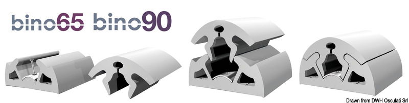 Realizzato in PVC. Composto da 2 parti ad incastro + profilo inox di fissaggio (solo 65 e 90). Montaggio a freddo.Bino 40 estremamente flessibile ed adatto a curvature accentuate sui due assi. Bino 65 e 90 fornisce una elevata protezione ed è consigliato per imbarcazioni pesanti, da lavoro, militari o dove la facilità di installazione è necessaria.