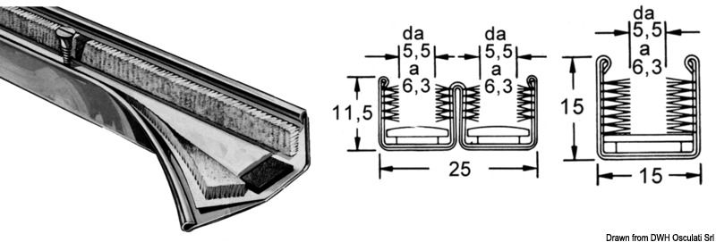 Profilo in acciaio inox AISI 316, fondo anti-frizione in polietilene ad alta densità, cuscinetto intermedio in neoprene e feltro per assorbire le vibrazioni e permettere il fissaggio con viti attraverso il profilo. Spazzole sintetiche laterali anti-scorrimento e anti-vibrazioni in materiale resistente UV.