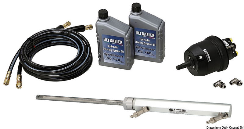 Il kit comprende:- Pompa UP20F (45.270.01) con montaggio frontale e completa di valvola di non ritorno.- Cilindro laterale UC68-OBS (45.273.03) non bilanciato;- 2 tubi flessibili da 6 m con raccordi preassemblati accorciabili (raccordo svitabile);- 2 litri olio idraulico.