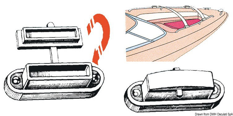 In ottone cromato, per creare, fissandole sul bordo interno del trincarino, un arco supporto telone. Sono complete di cappuccio in PVC bianco.