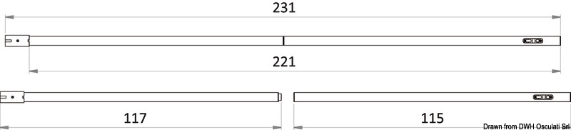 Il palo è realizzato in due sezioni con boccole in alluminio anticorodal per un veloce montaggio ed è completo di boccole per il serraggio e cima di fissaggio. Ruota di 90° all'interno della boccola e rimane bloccato.La regolazione del tendalino avviene tramite un clamcleat (strozzascotte) già montano sul palo, il quale permette di tenere in tensione il tendalino.Compatibile con le boccole da incasso 46.815.00/01, il kit boccole da parete 46.815.10 e il sistema di stivaggio a parete 34.358.38.Cima di fissaggio in Dyneema impiombata con anello, venduta separatamente. Può essere utilizzata per agganciarsi direttamente al tendalino tramite una pallina Ø 10 mm o moschettone.