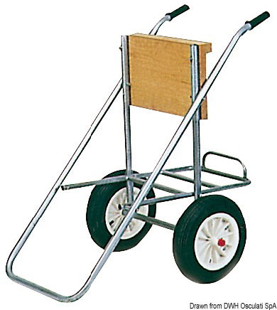 Con ruote in nylon e gomma, completo di porta serbatoio. Dotato di uno speciale sistema di chiusura, per cui in un secondo il cavalletto si appiattisce senza recare il minimo ingombro. Completamente zincato cromato. Tavola in compensato fenolico verniciato ai poliuretani, modello professionale con ruote pneumatiche da 4x8”.