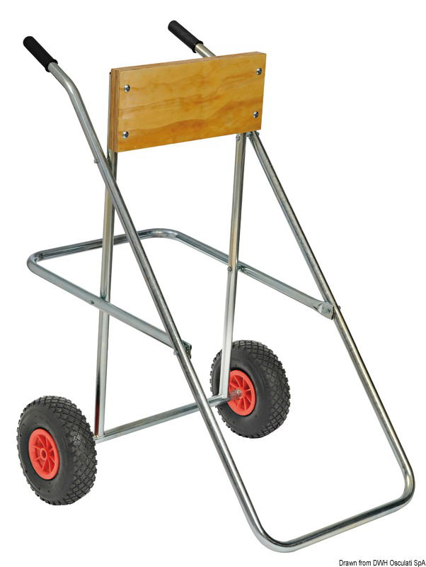 Con ruote pneumatiche da 6", completamente in acciaio zincocromato.Tavoletta in compensato fenolico verniciato ai poliuretani.