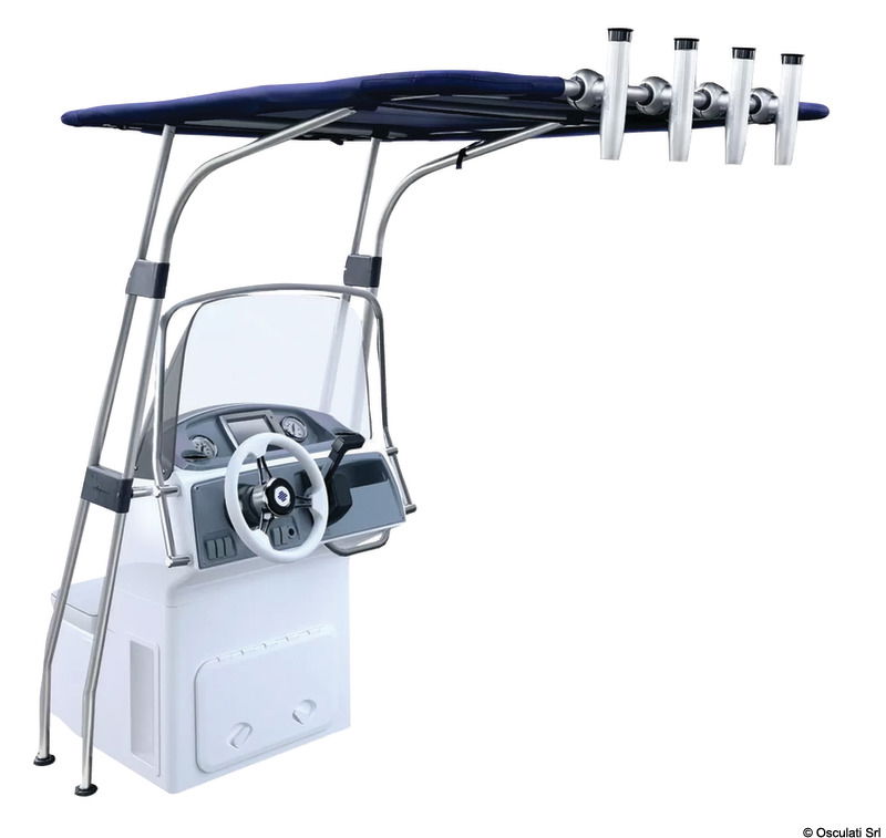 Fabbricati in tubo anodizzato Ø 32 mm. Universale, in quanto gli attacchi possono essere regolati a piacere. Il tessuto del "Top" è in poliestere ATLAS blu 400 g/m2 impermeabile ed UV resistente. Tutti i componenti sono inossidabili.