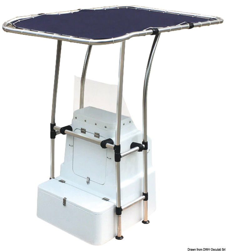 Fabbricato in tubo Ø 44 mm, con raccordi in resina ad alta resistenza e parti saldate di altissima qualità. Universale in quanto gli attacchi alla console possono essere regolati a piacere. Il tessuto del T-Top è poliestere ATLAS blu da 340 g/m2 impermeabile ed UV resistente.Velocità massima consentita con telo installato: 25 nodi.