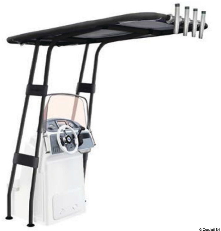 Fabbricato in tubo Ø 44 mm, con raccordi in resina ad alta resistenza e parti saldate di altissima qualità. Universale in quanto gli attacchi alla console possono essere regolati a piacere. Il tessuto del T-Top è poliestere ATLAS impermeabile ed UV resistente 400 g/m2.Telaio verniciato a polvere epossidica.