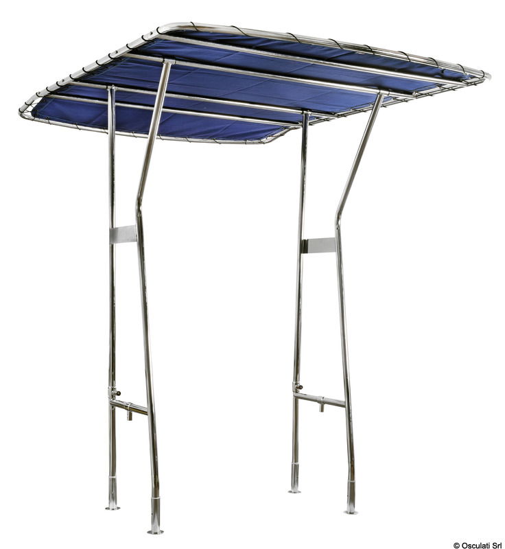 Fabbricati in tubo inox AISI 316 lucidato, Ø 35 mm (struttura della copertura Ø 28 mm). Universale essendo regolabili in larghezza fino ad un max di 140 cm ed un'altezza fino ad un max di 210 cm. Il tessuto del Top di colore blu UV resistente ed impermeabile, può essere smontato per la pulizia. Il T-TOP si può smontare sfilandolo dalle basi.