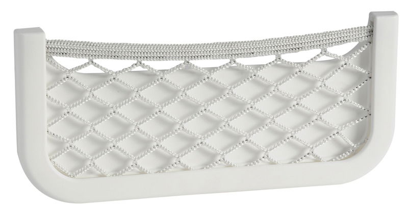 Telaio in ABS bianco, con rete elestica in nylon intrecciato. Dorso autoadesivo, oppure da fissare con 4 viti.