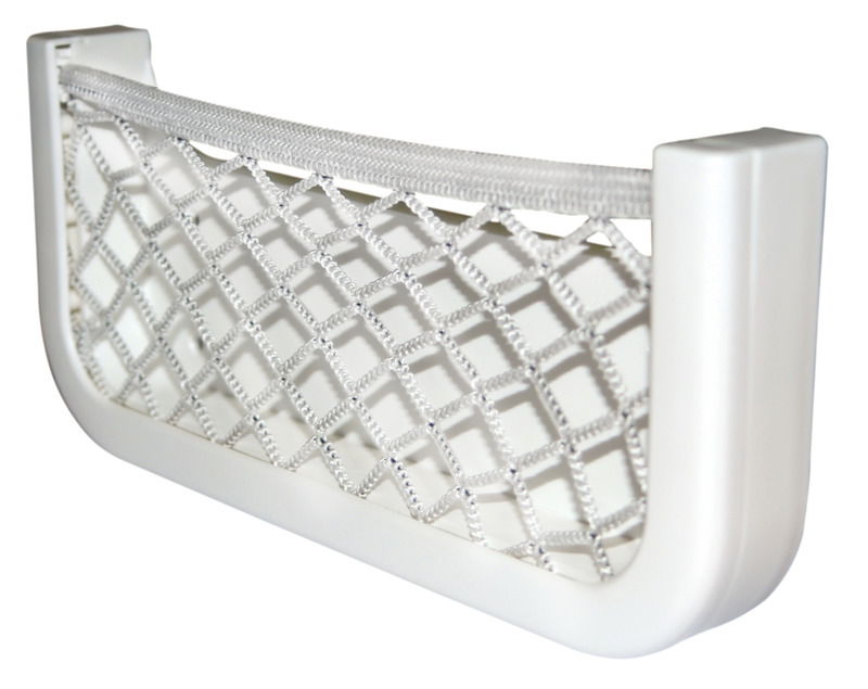 Telaio in ABS bianco, con rete elestica in nylon intrecciato. Dorso autoadesivo, oppure da fissare con 4 viti.