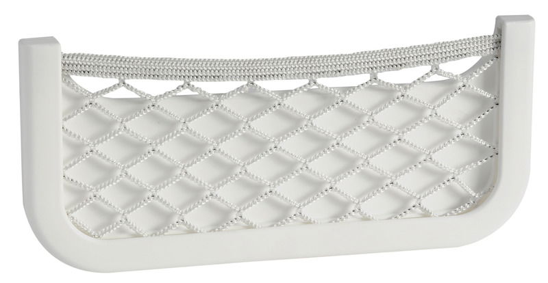 Telaio in ABS bianco, con rete elestica in nylon intrecciato. Dorso autoadesivo, oppure da fissare con 4 viti.