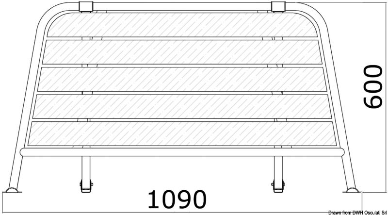 Fabbricate in acciaio inox AISI 316 lucidato a specchio, con parti in legno in vero Iroko. Giunti di fissaggio regolabili.