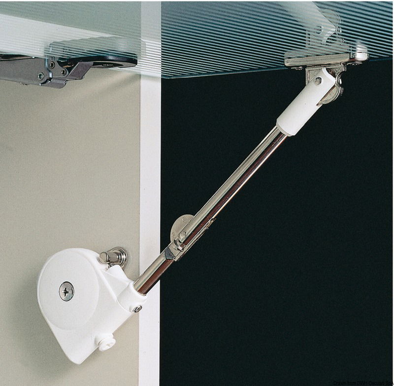 Una volta alzato lo sportello il braccetto lo tiene in posizione, alla chiusura il braccetto ammortizza la discesa fino al completo arresto dell’antina. Colore bianco. Venduto completo di piastrina di montaggio. Calcolo momento torcente. Un braccetto: lunghezza antina (cm) x 1/2 x peso antina (kg).