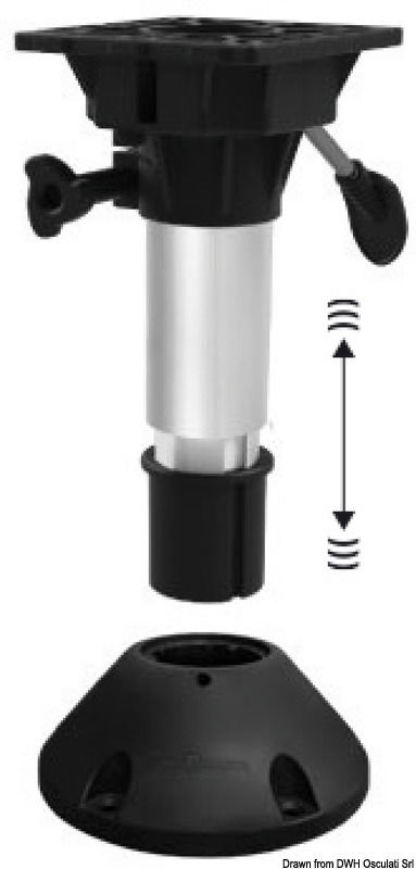 Regolabile in altezza tramite molla a gas. Dotato di sistema di ammortizzatore interno (Shock Absorber) per assorbire l'impatto della barca con le onde.Estraibile dalla base Ø 228 mm. Tubi alluminio anodizzato. Testa in nylon/fibra di vetro con foratura universale.