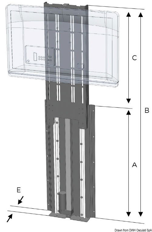 Sollevatori elettrici verticali per TV. Compatibili con i sistemi di fissaggio VESA 75/100 /200.Elementi verniciati o anodizzati in colore nero.Velocità indicativa da 22 a 25 mm/s in base al peso della TV.Richiede un interruttore 6 poli per invertire la polarità. Tipo 14.192.03 o 48.749.01