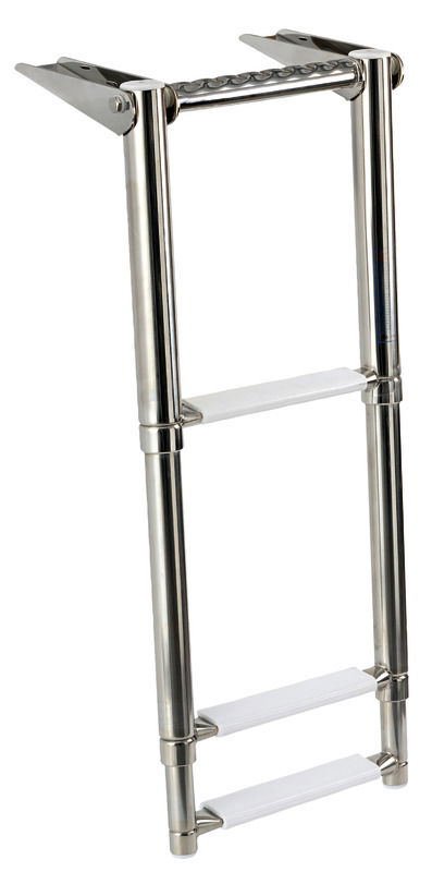 Realizzata in acciaio inox lucidato a specchio. Gradini ovali con pedana in plastica bianca.