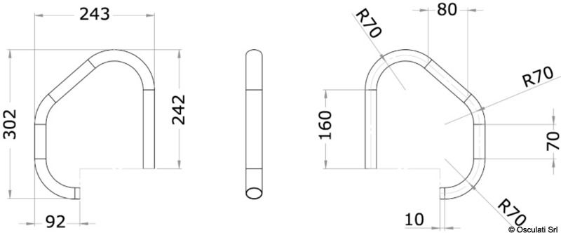 Maniglia di risalita a sezione ovale, per una maggiore comodità di presa.Da installare tramite prigionieri o piastrine vicino alla scaletta, realizzata in acciaio inox 316 lucidato a specchio.Pezzo venduto singolarmente (per la coppia, ordinare n.2 pezzi).