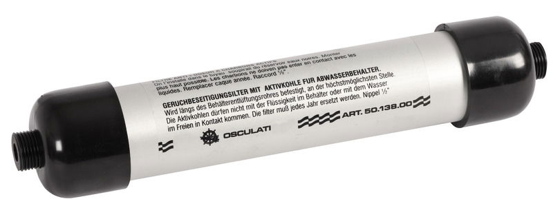 Filtro ai carboni attivi per sfiato serbatoio acque nere. Elimina i cattivi odori. Fabbricato in alluminio e nylon. Completo di fascette gommate in acciaio inox per il fissaggio a parete.