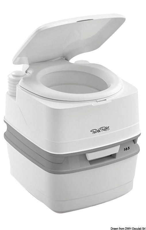 Toilette portatile che non necessita di essere connessa ad un impianto, caratterizzata da un design rivoluzionario, elevata qualità dei componenti e funzionalità.La toilette è formata da 2 sezioni: la superiore con l'acqua pulita per lo scarico e quella inferiore con il serbatoio di raccolta.Colore bianco e grigio.