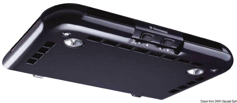 A ricircolo d'aria, con filtro carboni attivi. Filtro lavabile. Ventola a 2 velocità, 2 faretti alogeni da 10 W integrati.