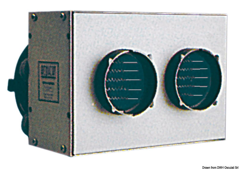Montaggio nella posizione più indicata. Tramite due uscite a tubo flessibile Ø 75 mm, si raggiungono due bocchette orientabili da montare a paratia. Stesse caratteristichetecniche del mod. 50.263.00. Kit comprendente riscaldatore + interruttore a pannello a 4 posizioni + staffa montaggio + m 3,60 di tubo + 2 bocchette + cavo elettrico + viti.Sfrutta l’acqua di raffreddamento del motore per trasmettere il calore in cabina. Motore a 3 velocità, montaggio estremamente semplice e veloce.