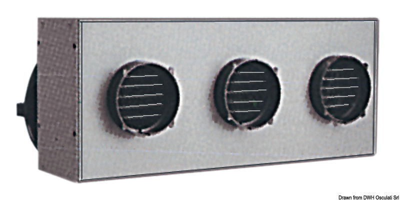 Modello simile al 50.263.01, ma potenziato. Tramite 3 uscite si raggiungono le 3 bocchette orientabili. Kit comprendente riscaldatore + interruttore a pannello a 4 posizioni + staffa montaggio + 5,4 m di tubo Ø 75 mm + 3 bocchette orientabili + cavo elettrico + viti. Sfrutta l’acqua di raffreddamento del motore per trasmettere il calore in cabina. Motore a 3 velocità, montaggio estremamente semplice e veloce.