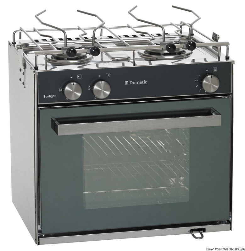 Cucina + forno. Complete di fermapentole e supporto cardanico. Frontale in vetro specchiato temperato, luce interna, termostato, termocoppie di sicurezza. Mobile in acciaio inox.