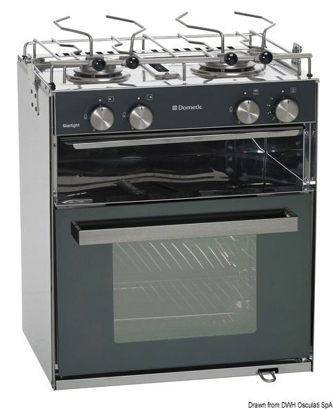Cucina + forno. Complete di fermapentole e supporto cardanico. Frontale in vetro specchiato temperato, luce interna, termostato, termocoppie di sicurezza. Mobile in acciaio inox.