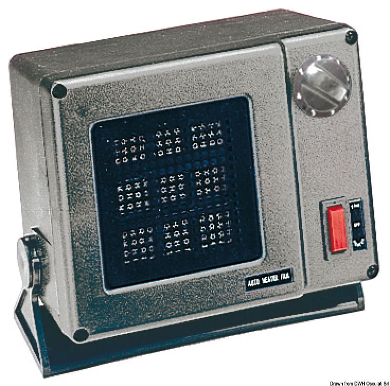 Collegato alla corrente di bordo, permette di riscaldare in pochi minuti la barca. Riscaldamento istantaneo, controllo automatico della temperatura, é un articolo sicuro e di lunga durata. Legenda comandi: acceso/spento - solo ventilatore - riscaldamento - velocità ventola.