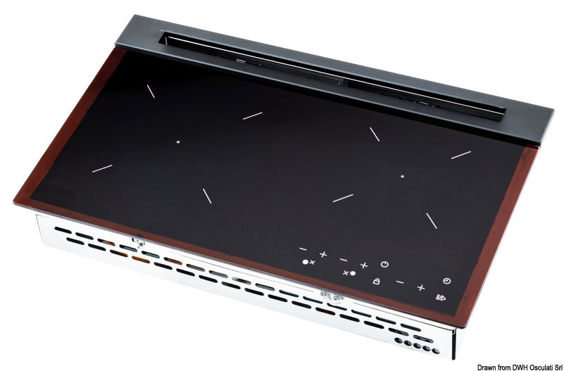 Innovativo piano di cottura per barche sicuro, facile da usare, ecologico ed elegante.I bruciatori sono posti sotto al piano di vetro, permettendo di riscaldare la superficie in maniera sicura e proteggendo la fiamma anche in ambienti esterni e ventilati.Ideale per essere installato anche su barche senza generatore.