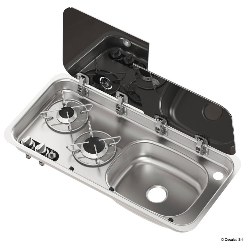 Piani cottura in acciaio inox con coperchio in vetro temperato fumé, completo di rubinetto miscelatore acqua calda e fredda.