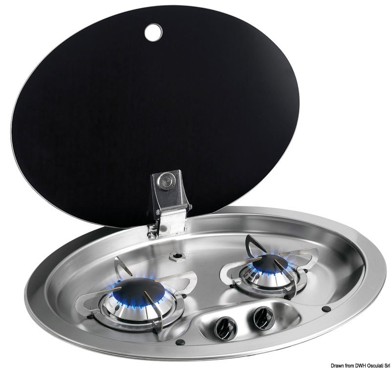 Con coperchio in vetro nero fumè, temperato, autobloccante. Cerniere a scomparsa. Griglia di supporto in inox con gommini antivibrazione.Bruciatori ad alta efficienza. Accensione manuale. Omologazione CE.