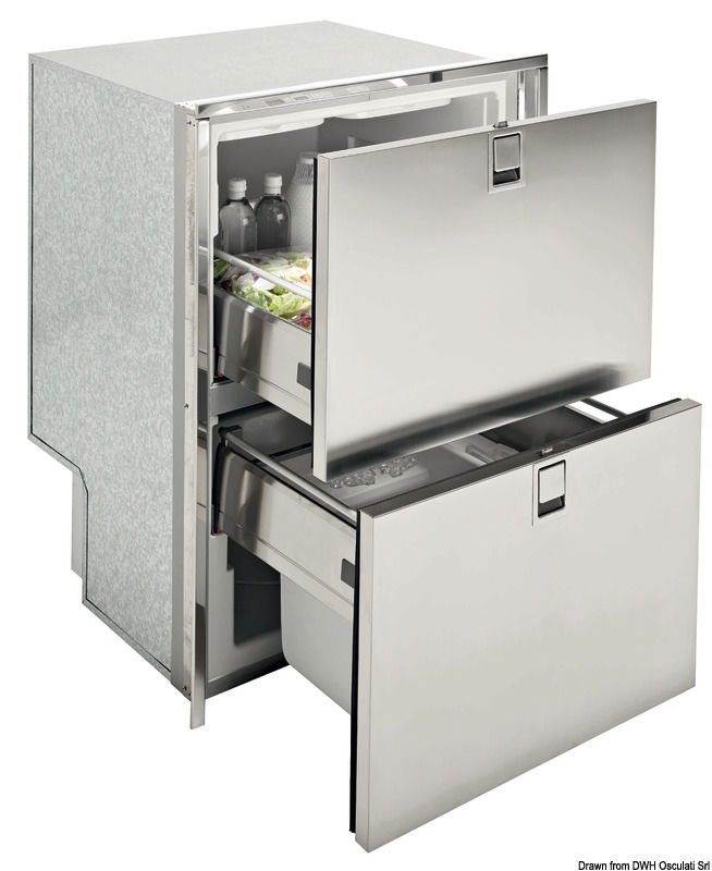 Serie frigo/congelatore a cassetto con apertura frontale e battuta in acciaio inox. Completi di compressore Secop a voltaggio universale 12/24 V.