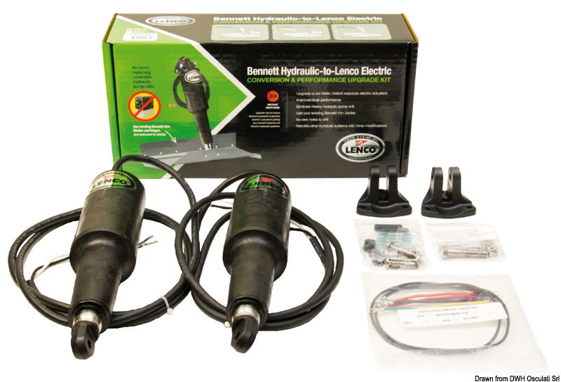Questo kit è formato da:- 2 attuatori elettrici;- 2 staffe superiori (stessa foratura dei Bennett);- 2 connettori per collegamento a cablaggio Bennett;- viteria inclusa.Il kit permette di sostituire un kit Bennett eliminando la centralina idraulica. Utilizza gli alettoni, il cablaggio ed il pannello già esistente Bennett.