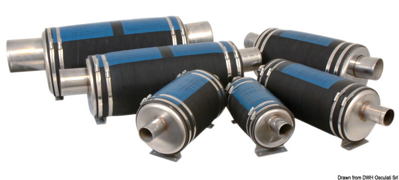 Riducono efficacemente la rumorosità con minima contropressione. La grande capacità di acqua contenuta elimina il rischio di sifonaggio e di ritorno dell'acqua con motore fermo.Le staffe di fissaggio possono essere ruotate a piacere.Componenti: fondelli in acciaio inox + gomma rinforzata.