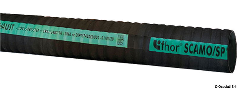 In gomma con omologazione RINA + LLOYD'S I tubi sono confezionati con un sottostrato di gomma nera liscia, tessuti sintetici ad alta resistenza, spirale in acciaio incorporata, per scarichi di gas combusti bagnati.Copertura in gomma nera antifiamma resistente al contatto con acqua di mare, agenti atmosferici e all’abrasione.