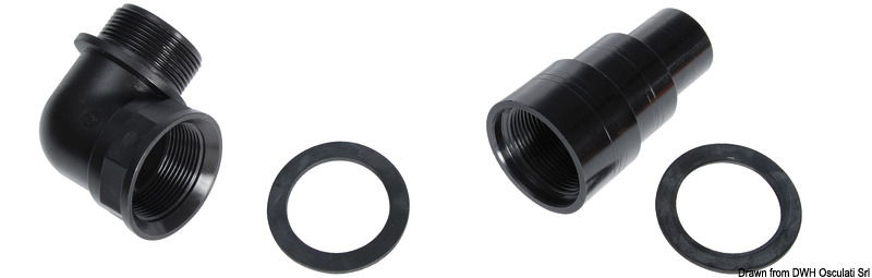 Kit composto da n. 1 bocchettone filettato dritto + n. 1 bocchettone filettato a 90° Ø 38-50-60 + n. 2 guarnizioni. Filetto da 1" 1/2.