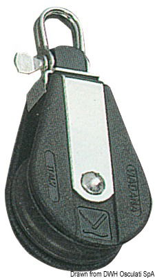 In nylon nero e acciaio inox, con puleggia in alluminio anodizzato duro, per cavi acciaio, testa universale fissa o girevole.