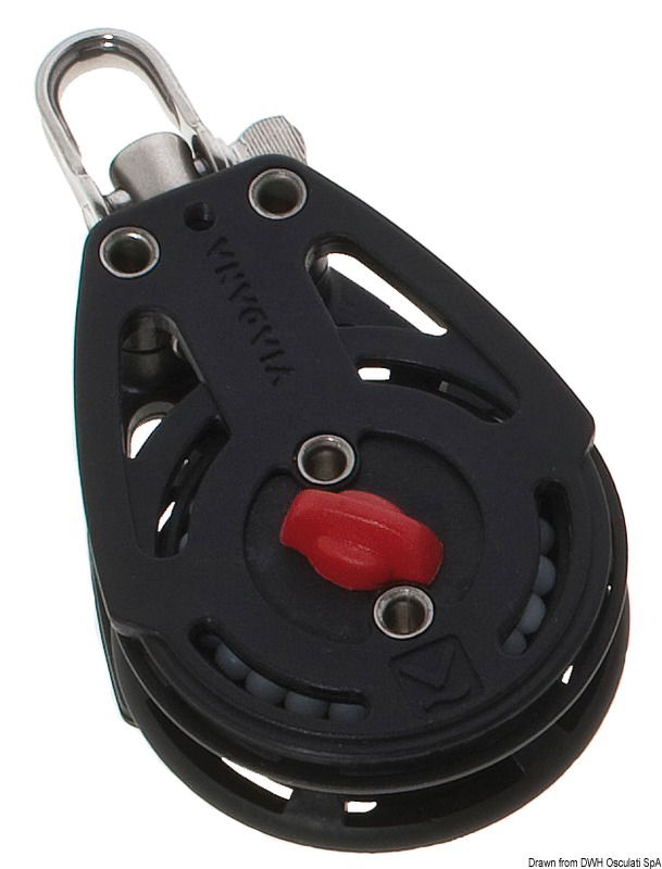 Con sfere in acciaio inox + cricco. Puleggia Ø 57 mm, scotta max Ø 10 mm, carico di rottura 900 kg, carico di lavoro 205 kg.