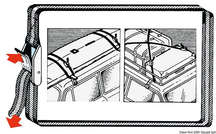 Resistenti ai raggi UV, con fibbia di tensione in zama a sganciamento rapido. Sono utili per il fissaggio delle tavole a vela, canotti, bagagli ed ogni altro oggetto trasportabile.