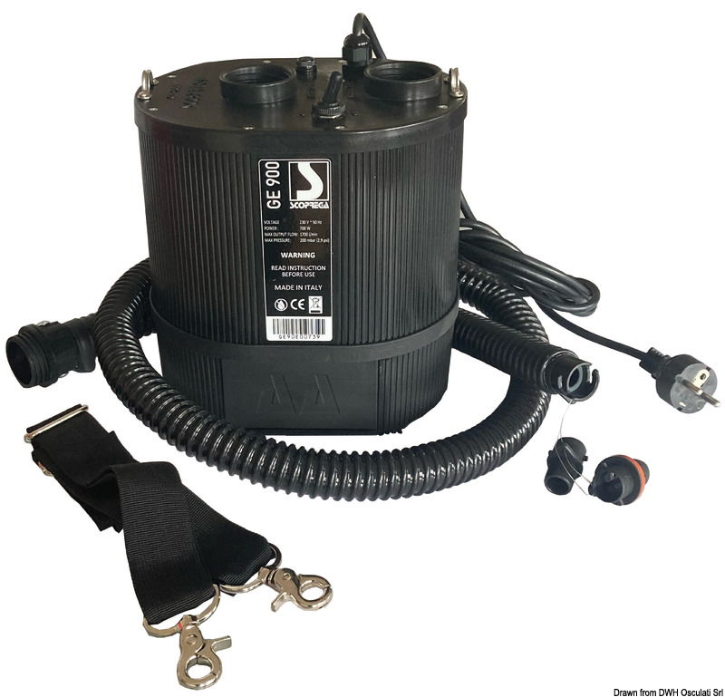 Gonfiatori elettrici ad altissima portata in grado di gonfiare tende, giochi, strutture e barriere gonfiabili (GE 900) , Kayak e qualsiasi gommone (GE 900AA+ PLUS) in breve tempo e con un impatto acustico decisamente ridotto (max 85 dB).Forniti completi di tubo di gonfiaggio Ø 25 mm, 1,5 m di lunghezza e raccordi universali.