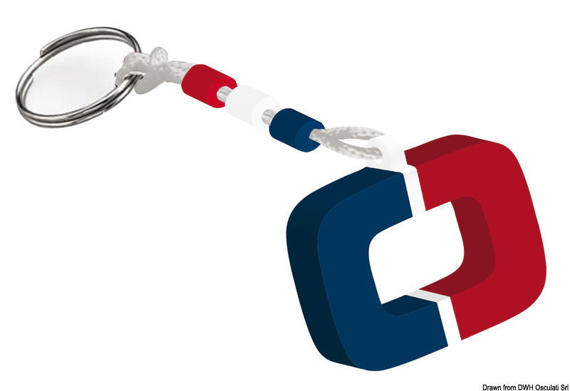 Materiale: EVA 12 mm + supporto centrale in PVC bianco. Laccio bianco con 3 cilindri (blu, bianco, rosso) in EVA e anello in metallo.Misure ingombro: 6x10 cm.