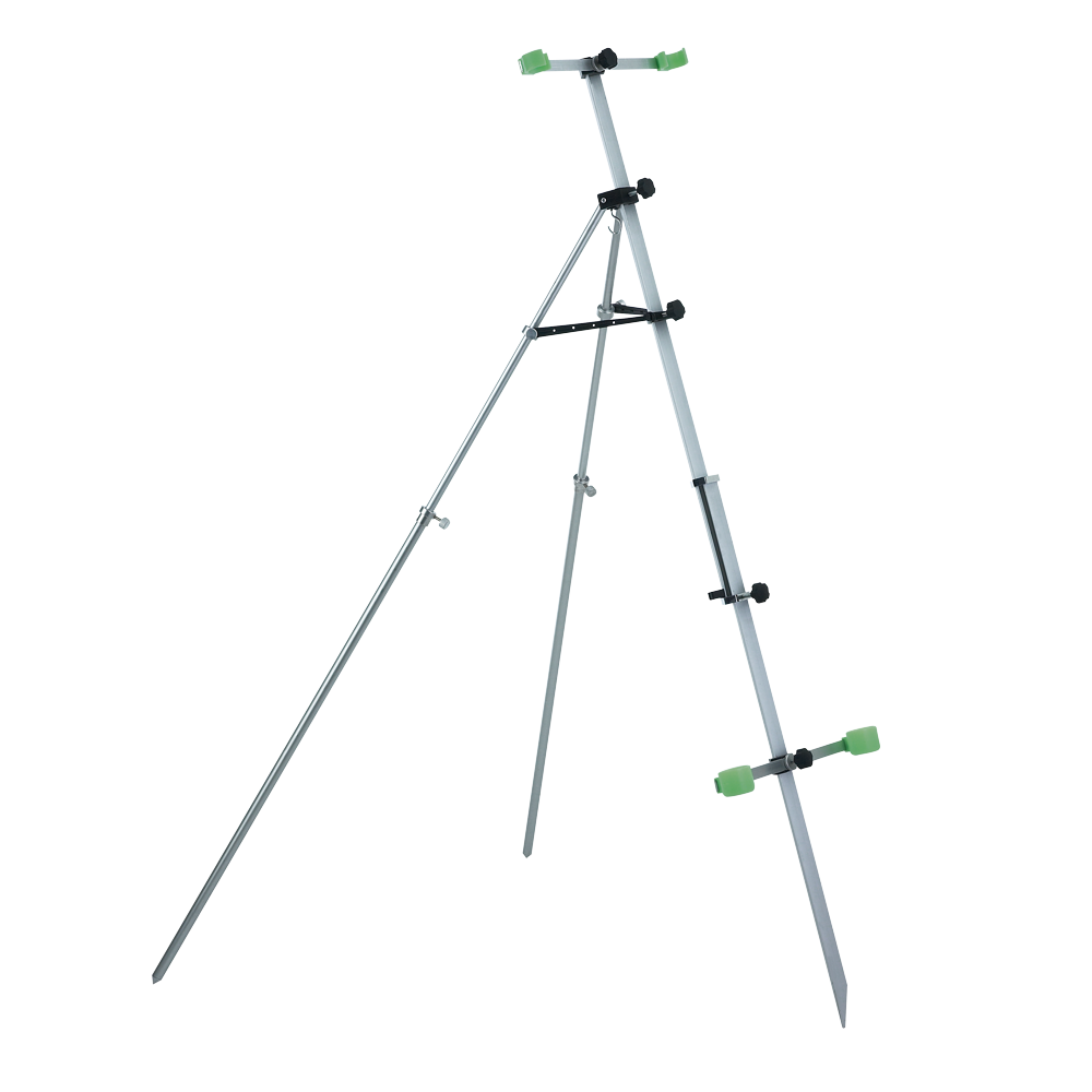 Tripode regolabile in alluminio, struttura adatta a tutti i tipi di superfice. Munito di appendi finali e bicchierini fluorescenti. Indicato per la pesca a surfcasting e beach ledgering.